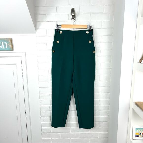 Zara Green High Rise Tapered Trouser Pants w Gold Button Accent Detail Size XS - Picture 3 of 14